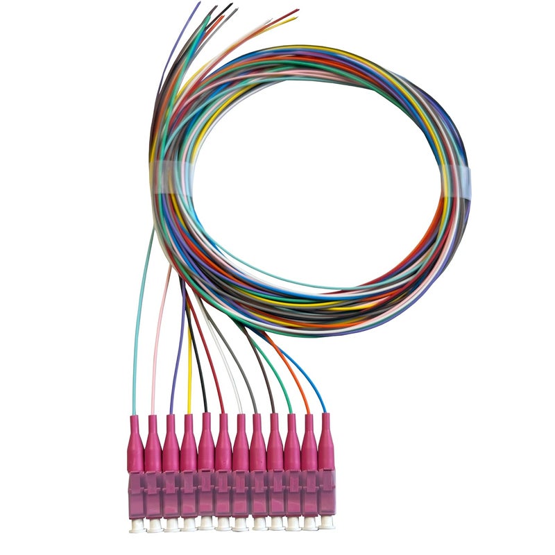 Elfcam ® - 12-Fibre LC/UPC OM4 Multimode 50/125um Colour-Coded Optical Fibre Pigtail Without Cladding - Image 1